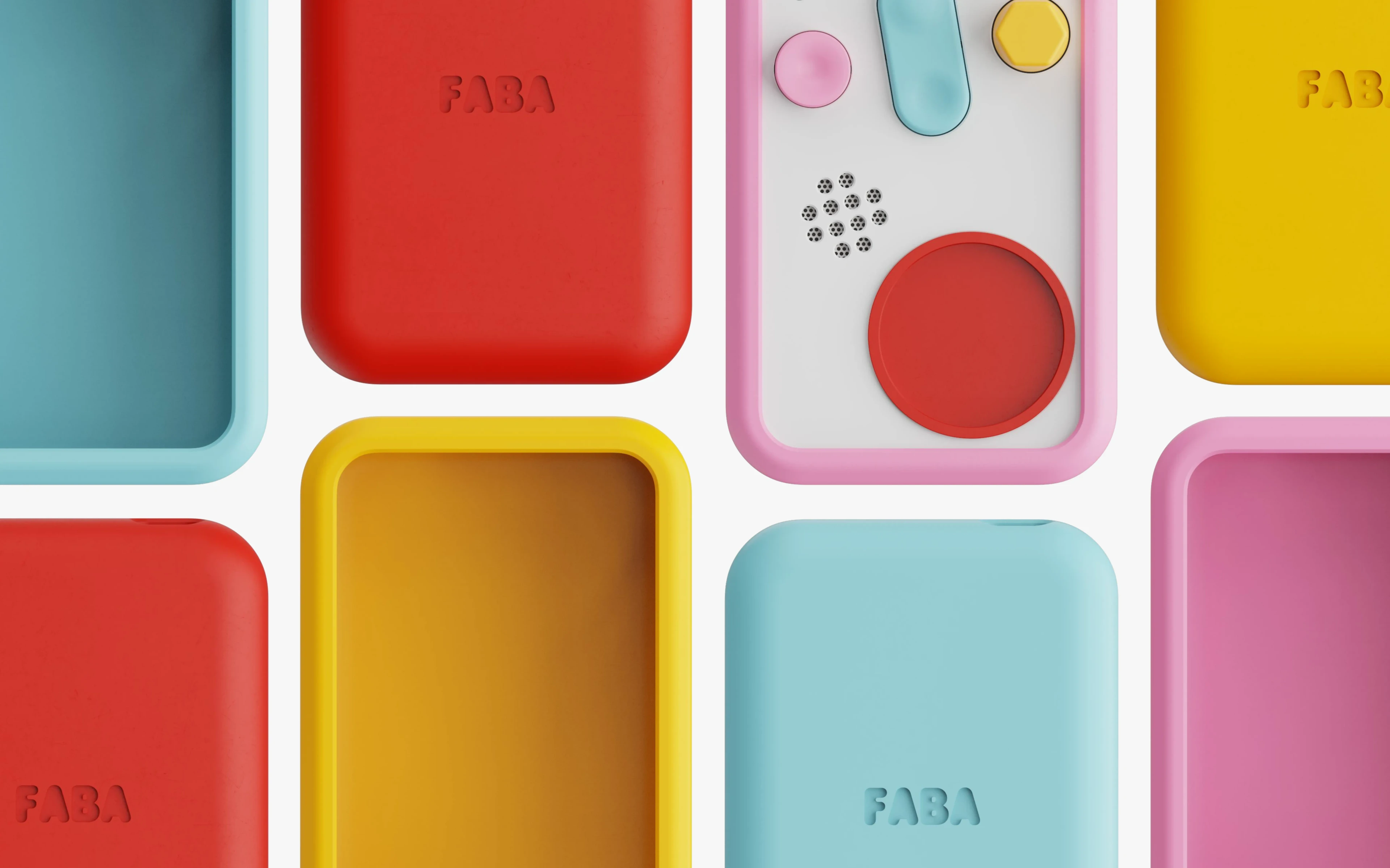 FABA+ speaker colour range in red, yellow, pink and teal