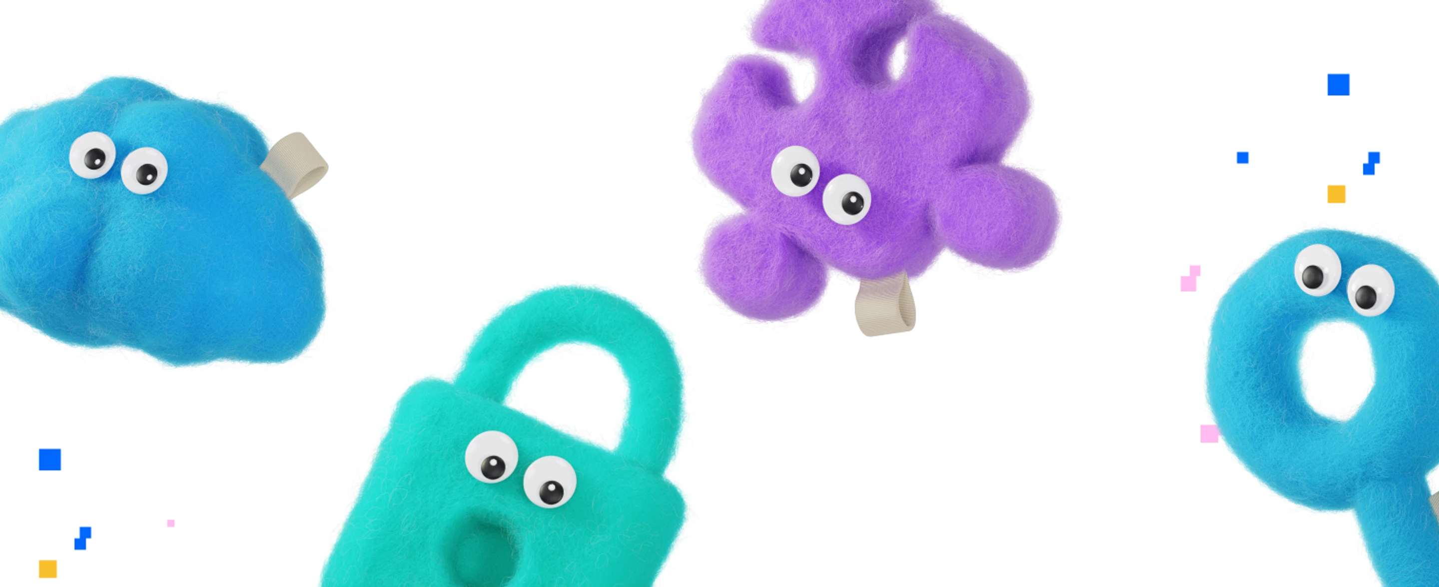 More felted yarn.family characters, a cloud, a padlock, a puzzle piece and a letter Q, each with googly eyes