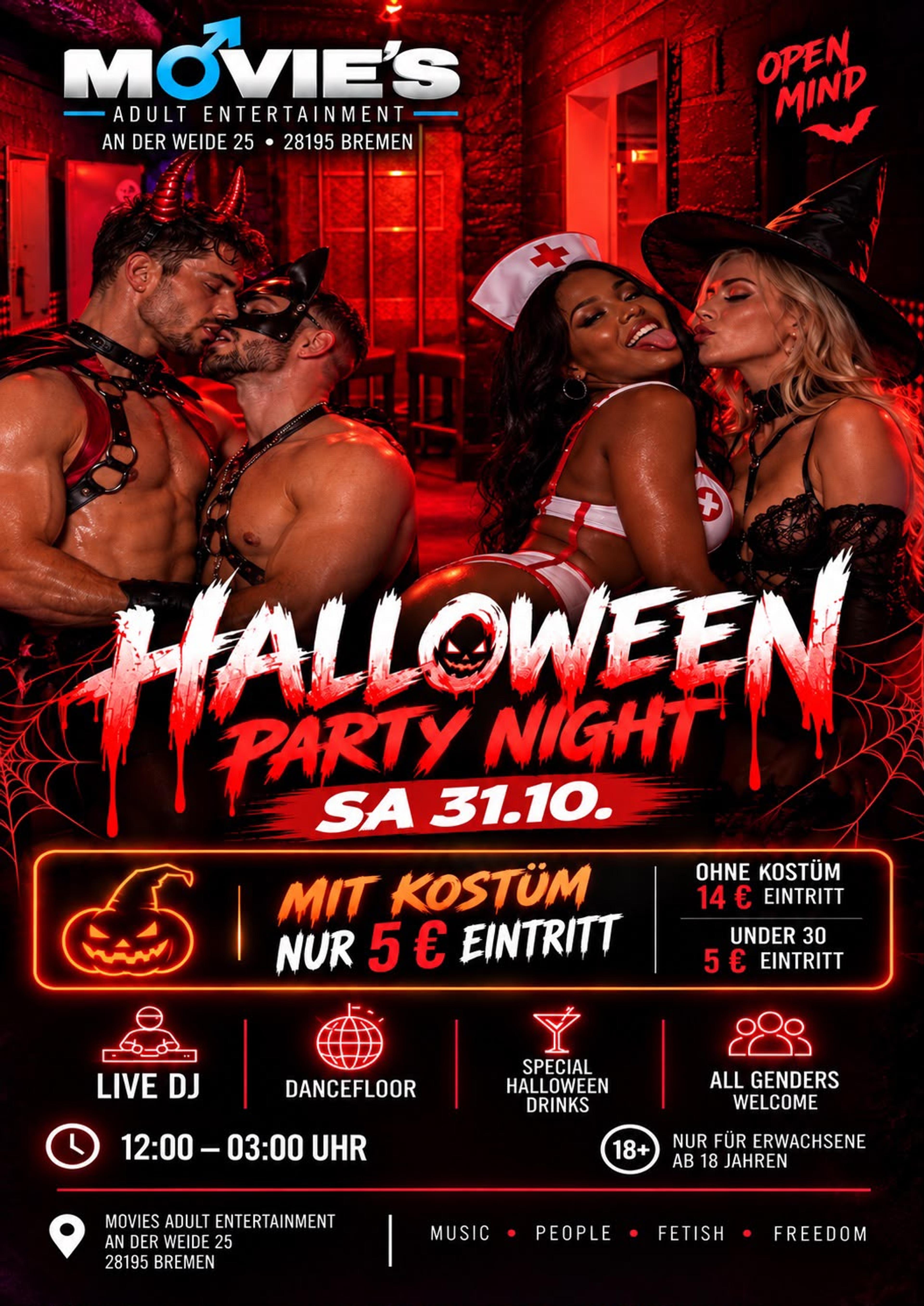 Halloween Party Night flyer, Saturday October 31, only 5 euro entry with a costume