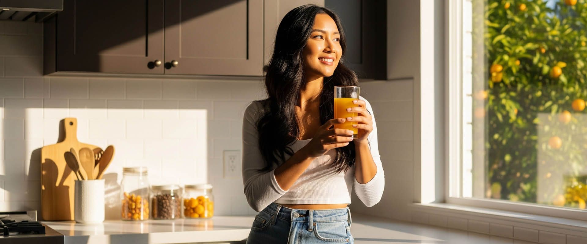 Kvinne står på et solfylt kjøkken og holder et glass juice.