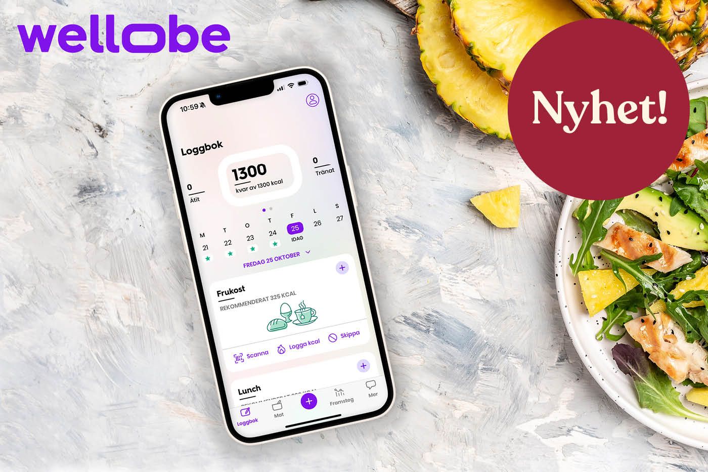 Hälsosam mat och en mobil med Wellobe-appen