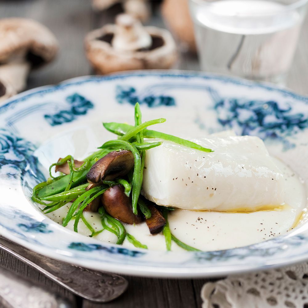 Jordärtskockspuré med ugnsbakad torsk