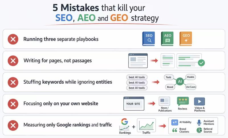 Mistakes that kill your SEO, AEO, and GEO strategy