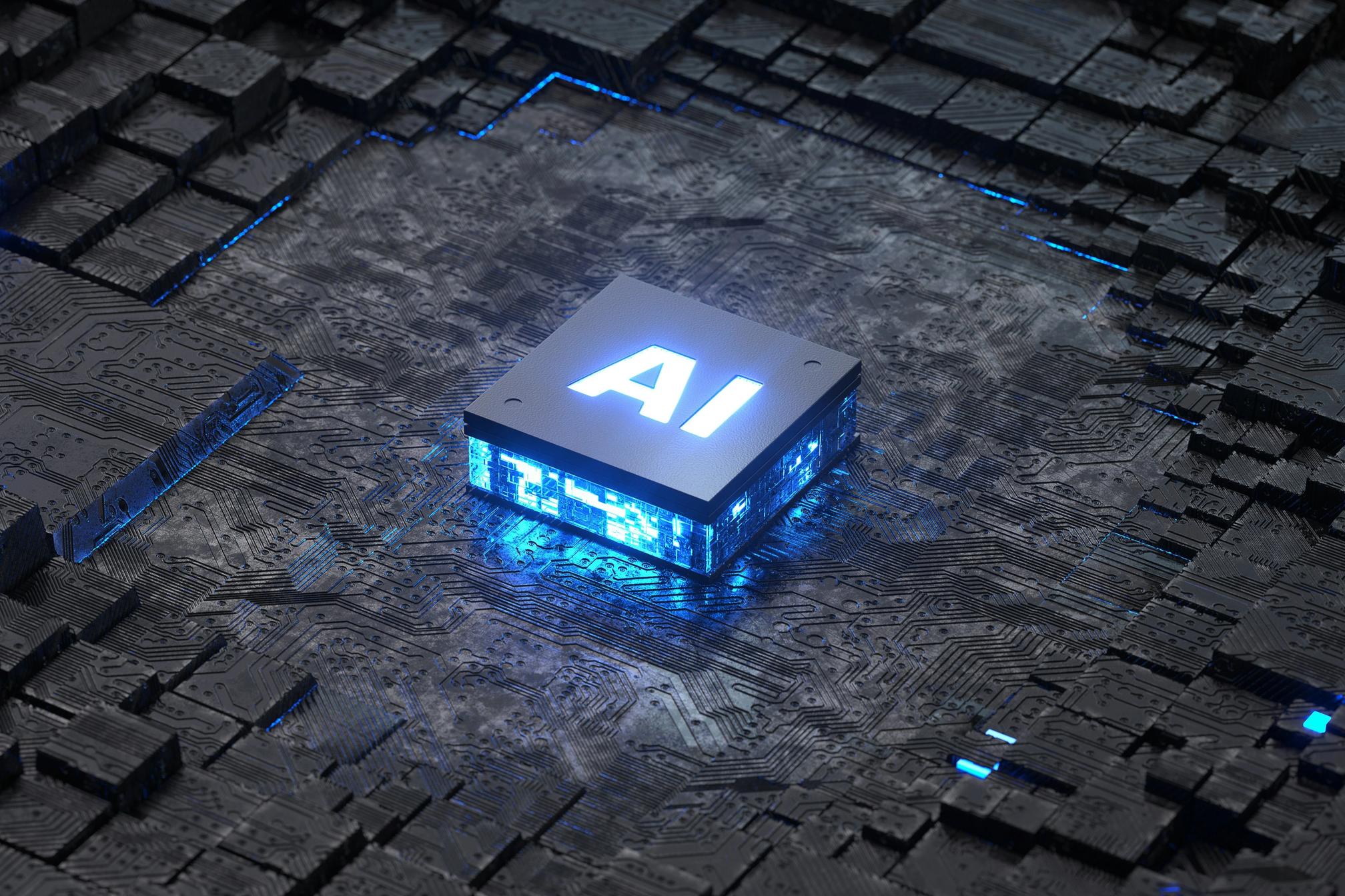 A black CPU with blue LED text reading "AI"