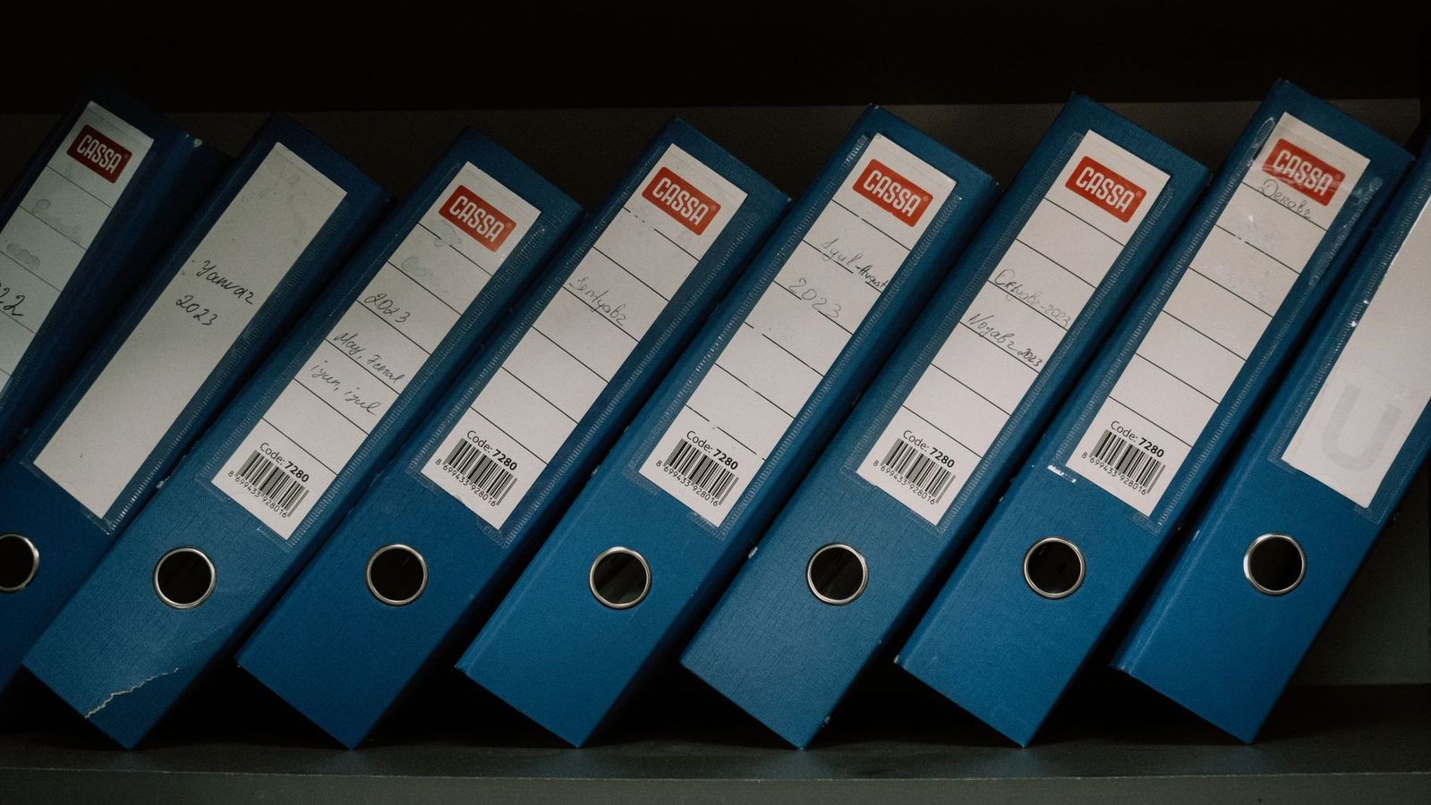 Blue ring binders with handwritten month labels standing in a row on a dark archive shelf.