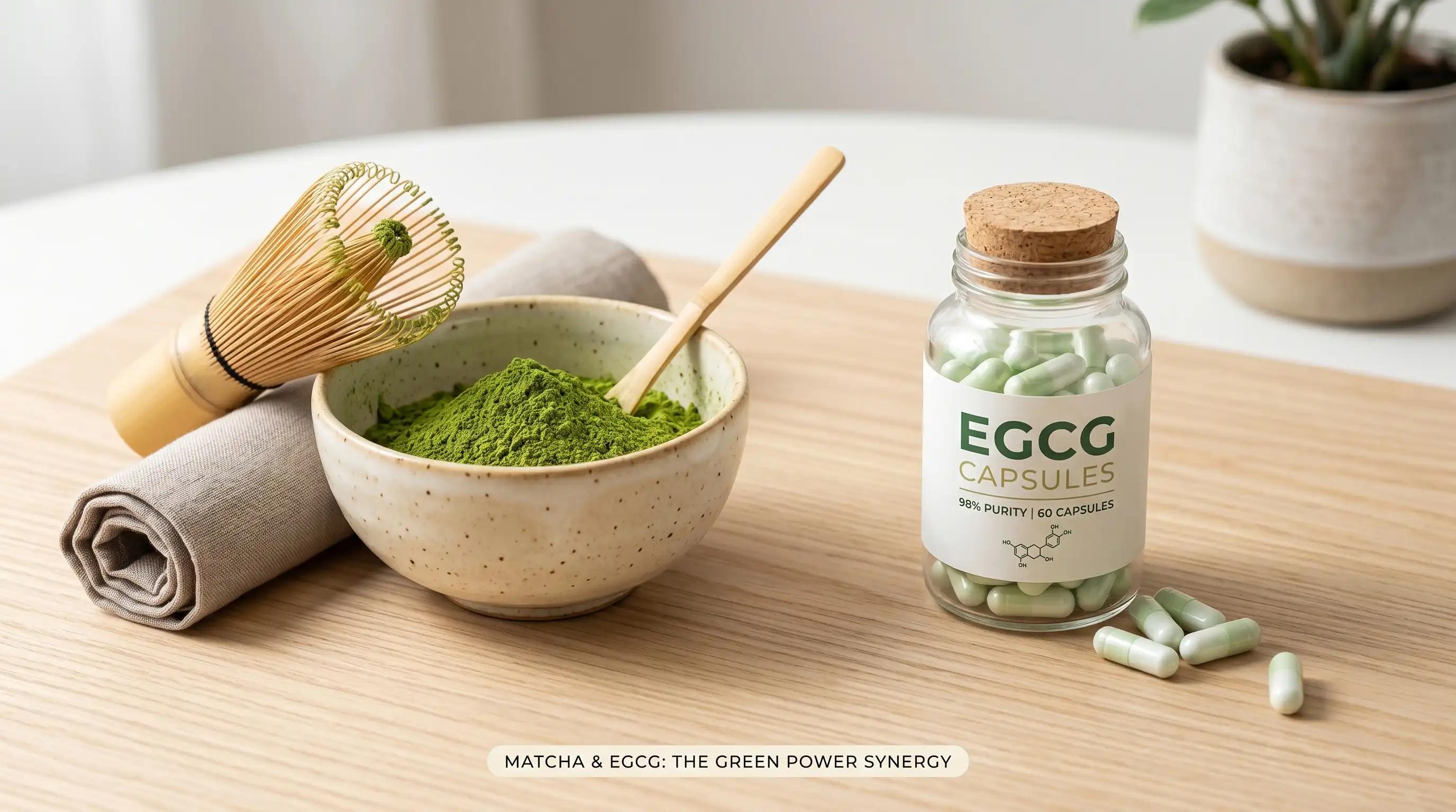 Comparison of ceremonial matcha powder and EGCG supplement capsules