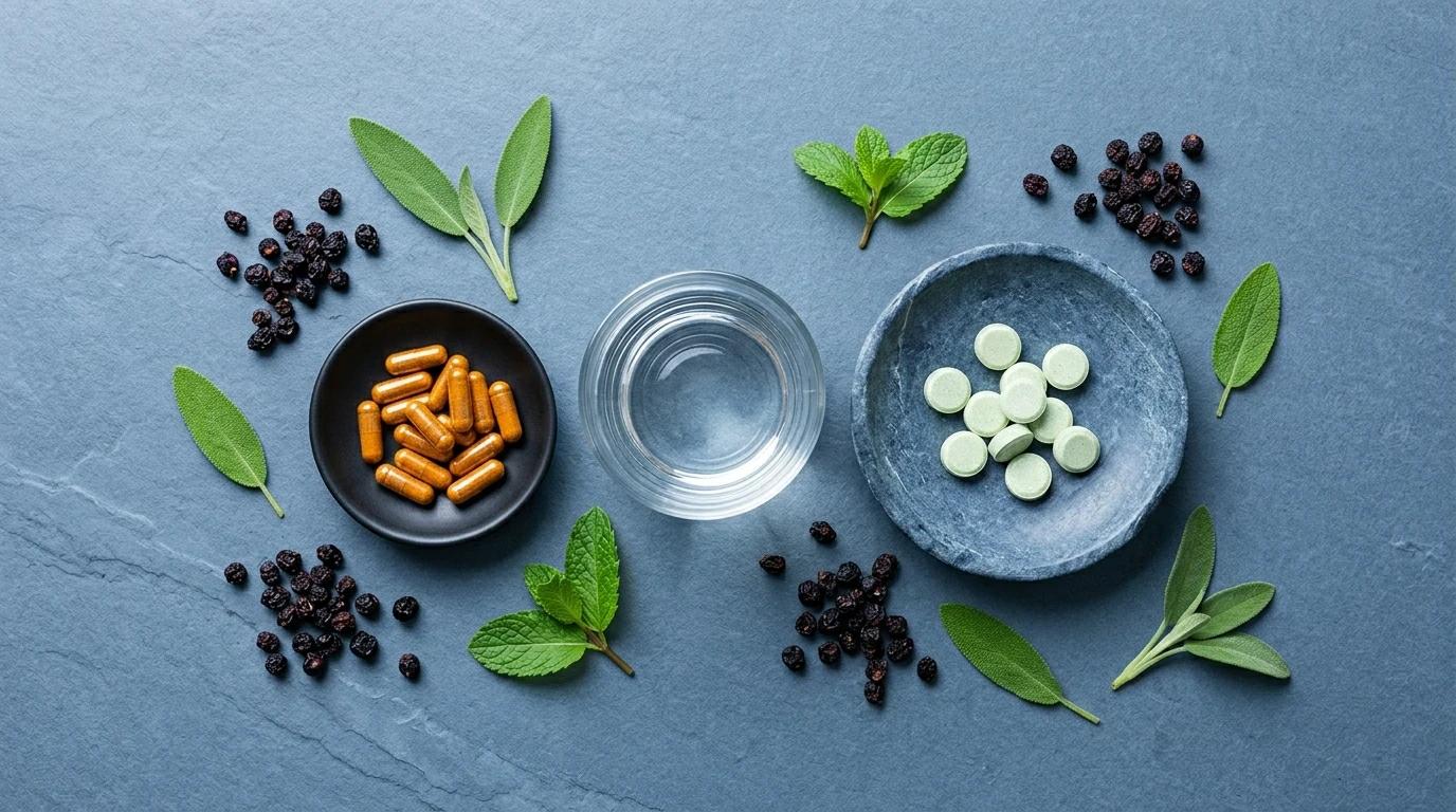 Quercetin and zinc antiviral supplement stack — immune defense flat-lay photography