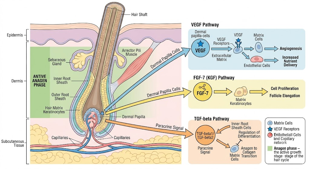 Diagram of GHK-Cu mechanisms on hair follicle dermal papilla cells and anagen phase