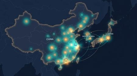 Heat map of East Asia showing OFDF manufacturing and patent filing concentration in China, Japan, and South Korea