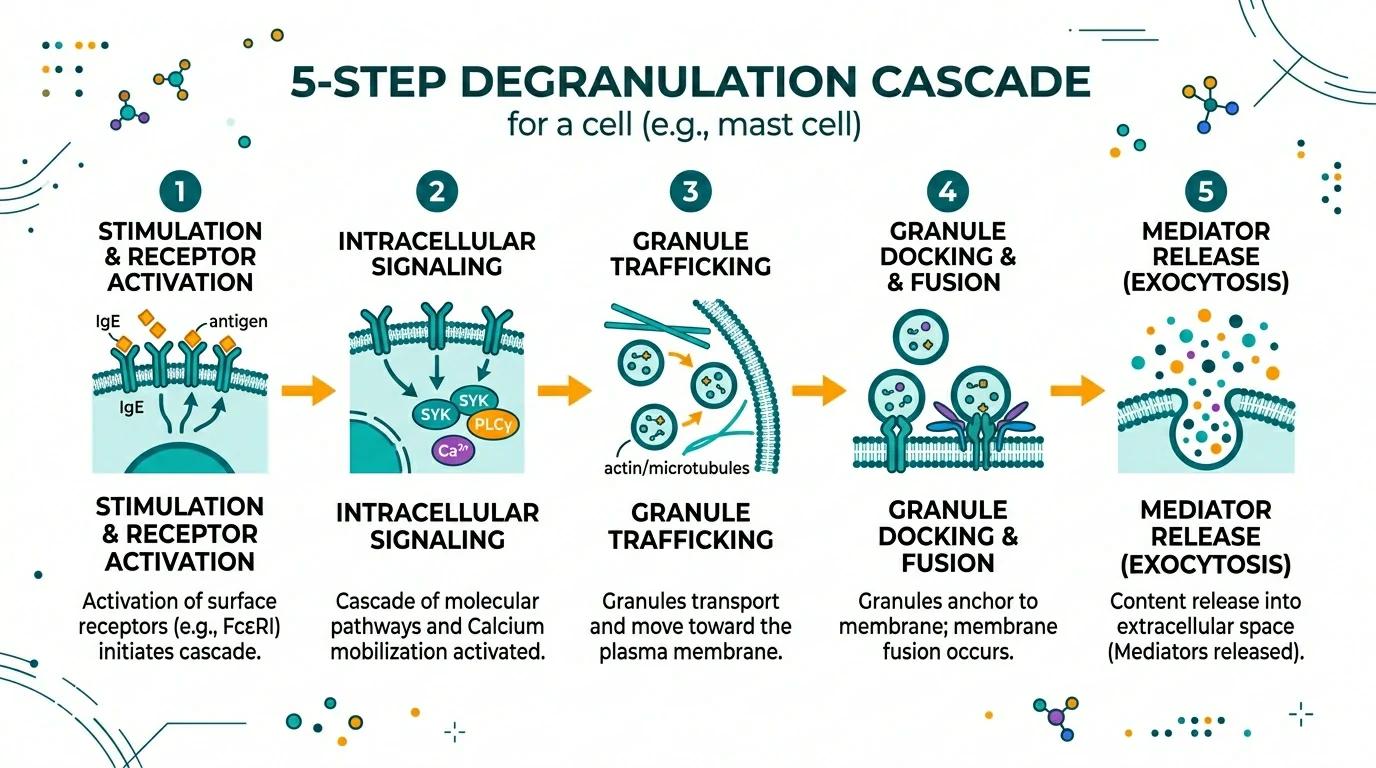 Mast cell degranulation 5-step cascade blocked by quercetin — mechanism infographic
