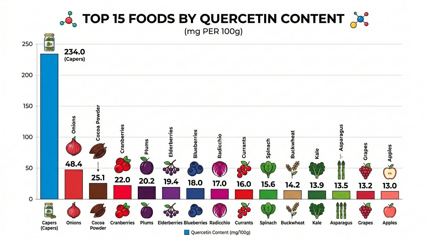 Quercetin content per 100g in top 15 foods — ranked bar chart from capers to apples