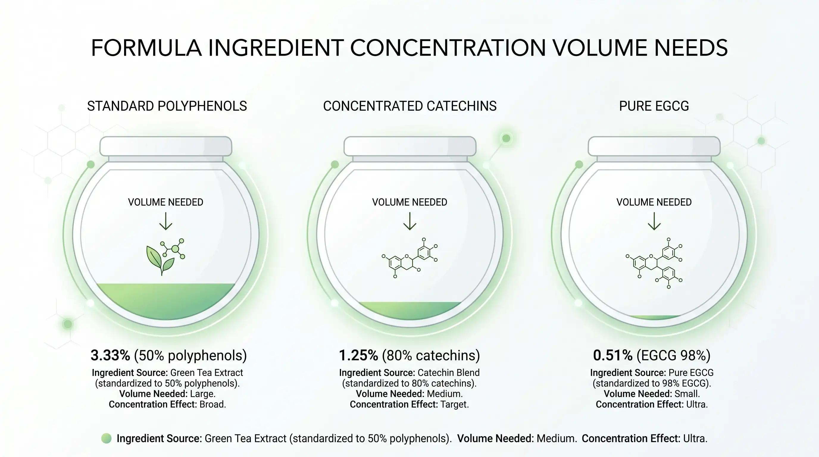 Visual comparison of formula space required for different EGCG ingredient grades to reach 0.5% EGCG