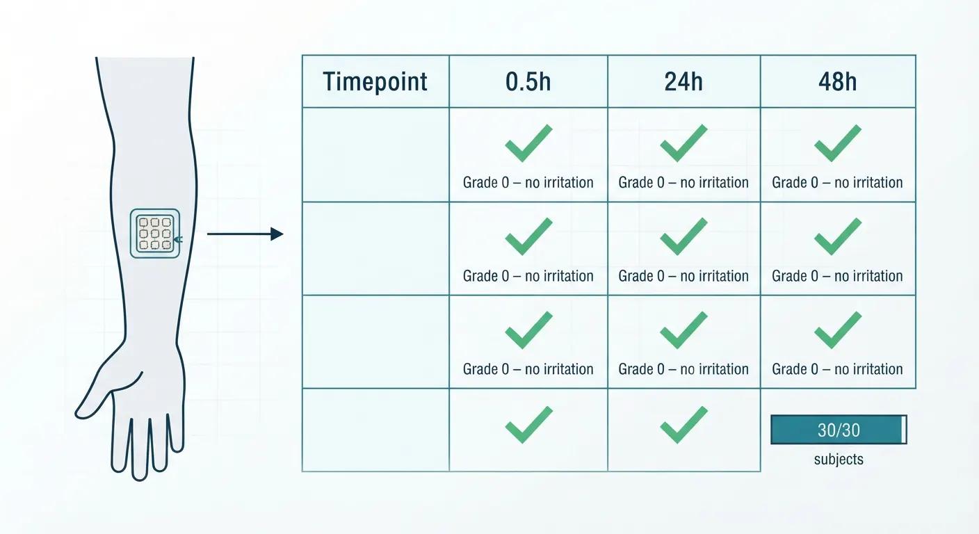 Infographic showing 30-subject closed patch test results for 0.03% glabridin — all Grade 0 at 0.5h, 24h, 48h