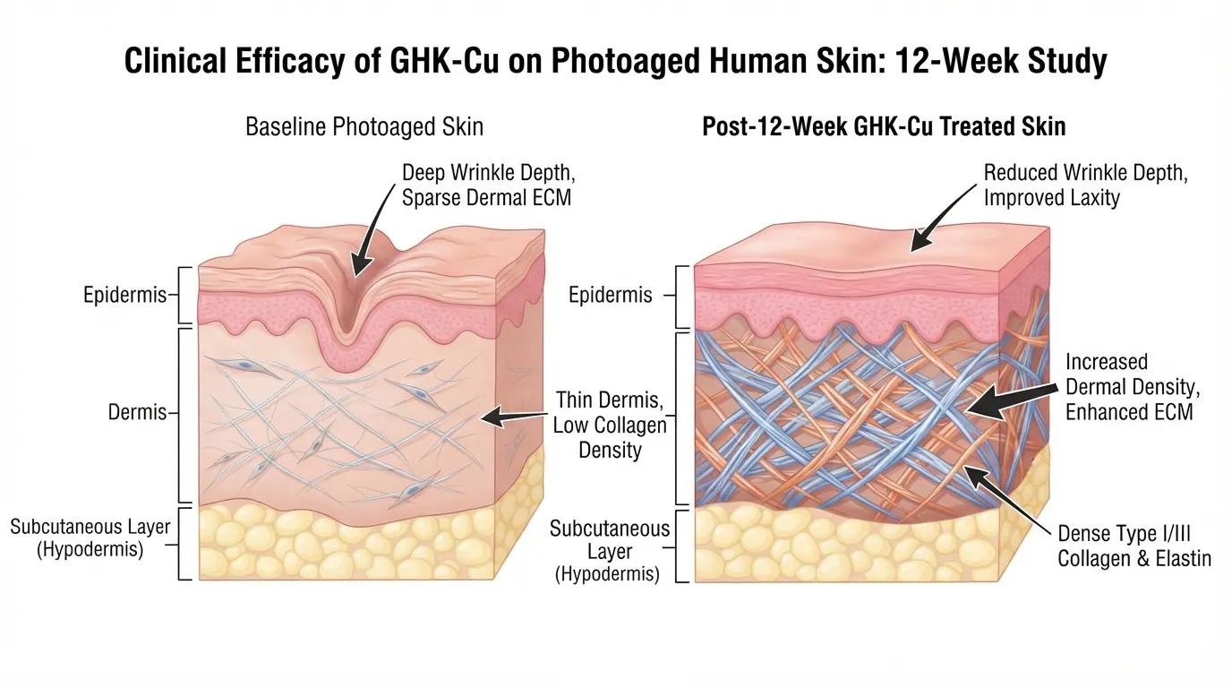 Side-by-side skin cross-section comparing photoaged baseline skin with 12-week GHK-Cu treated skin showing improved dermal density