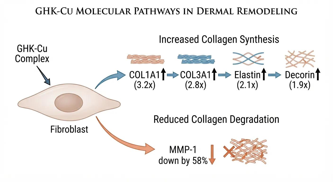 Molecular pathway diagram showing GHK-Cu dual action: upregulating collagen synthesis and downregulating collagen degradation enzymes