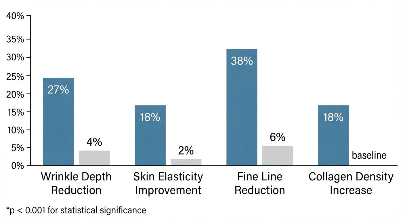 Paired bar chart comparing 12-week GHK-Cu vs placebo results for wrinkle depth, elasticity, fine lines and collagen density