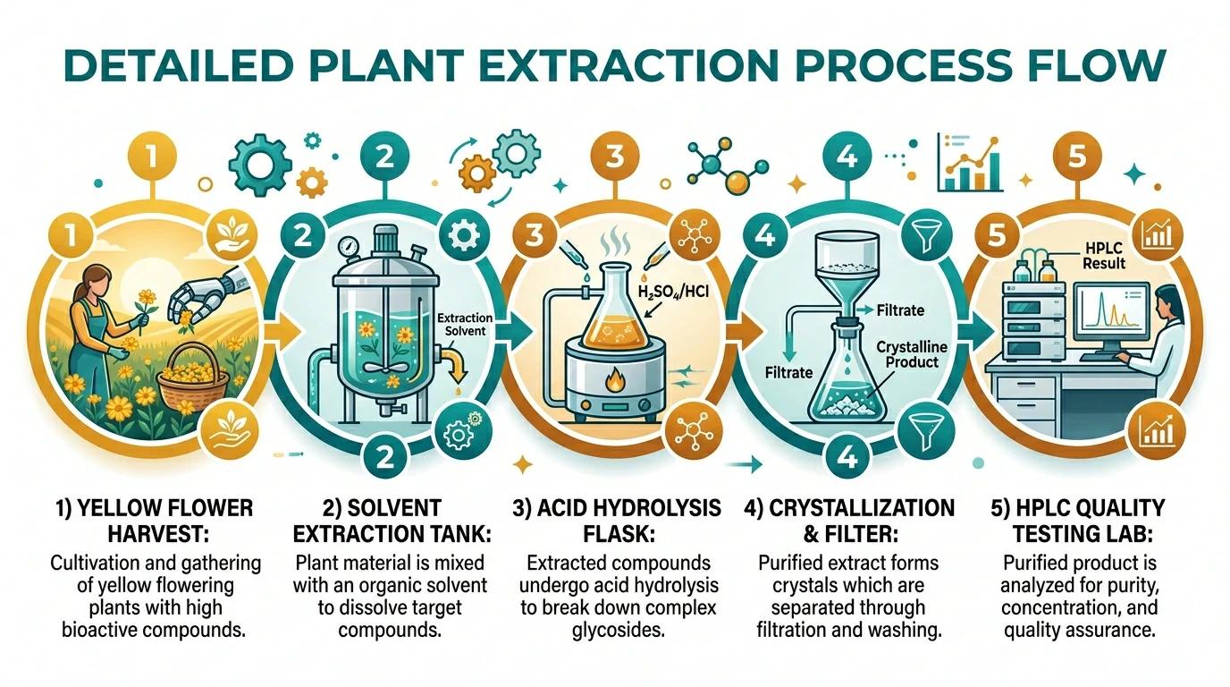 Quercetin extraction 5-stage manufacturing process — from sophora to supplement infographic