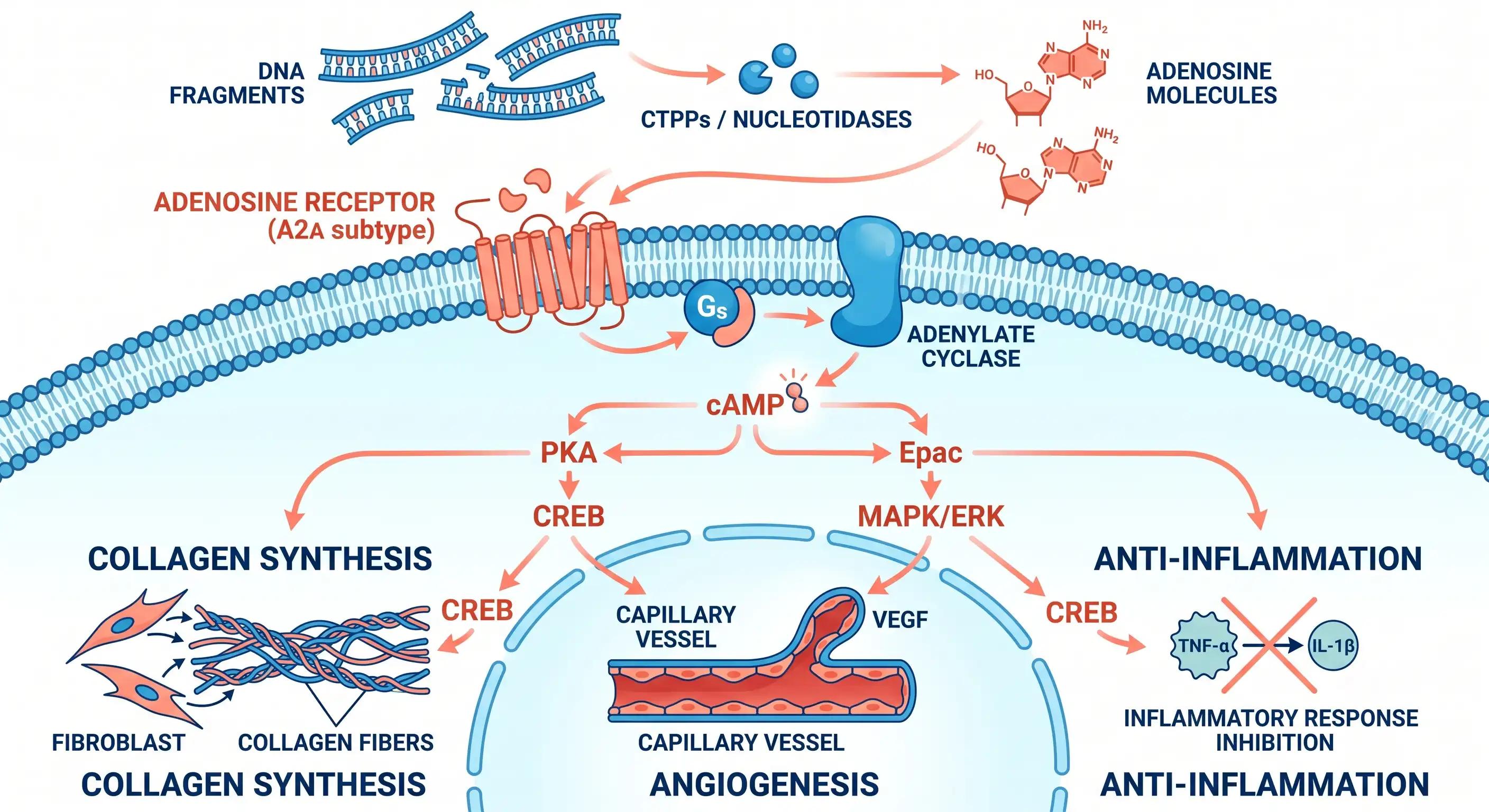 Diagram of PDRN binding to A2A receptor triggering collagen synthesis pathway