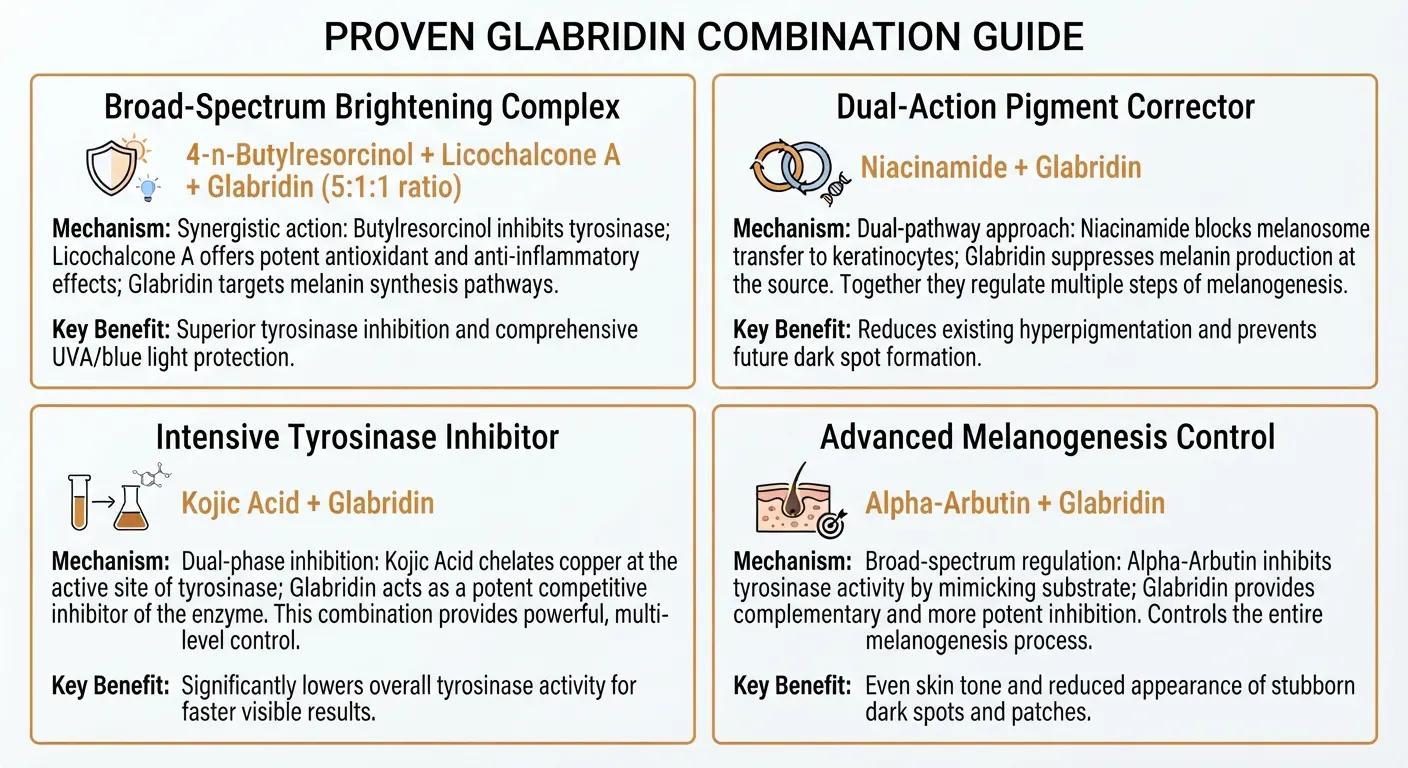 4-panel guide to proven synergistic brightening combinations pairing glabridin with other cosmetic actives