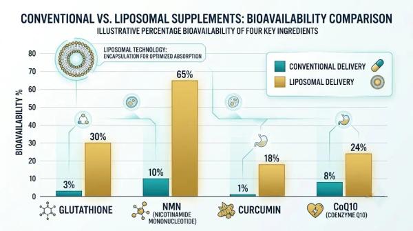 Bar chart comparing conventional vs liposomal bioavailability for glutathione, NMN, curcumin and CoQ10