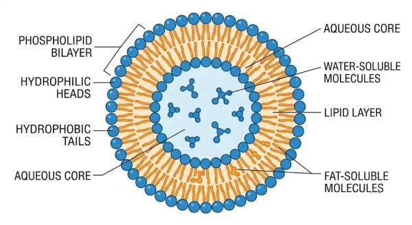 Cross-section diagram of liposome structure showing hydrophilic and hydrophobic compartments
