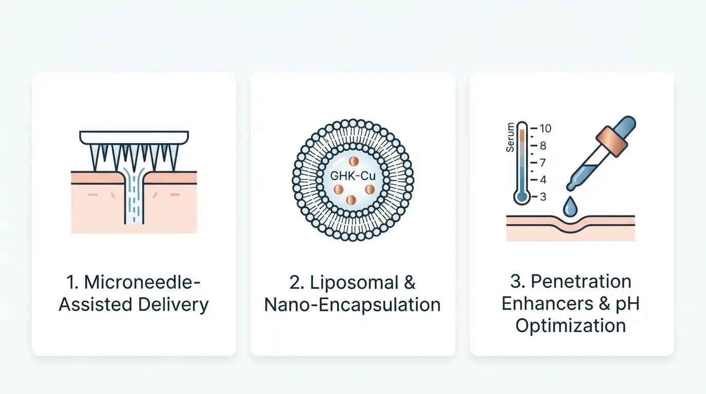 Three-panel infographic of validated delivery methods for topical GHK-Cu: microneedles, liposomal encapsulation, pH-optimized formulation