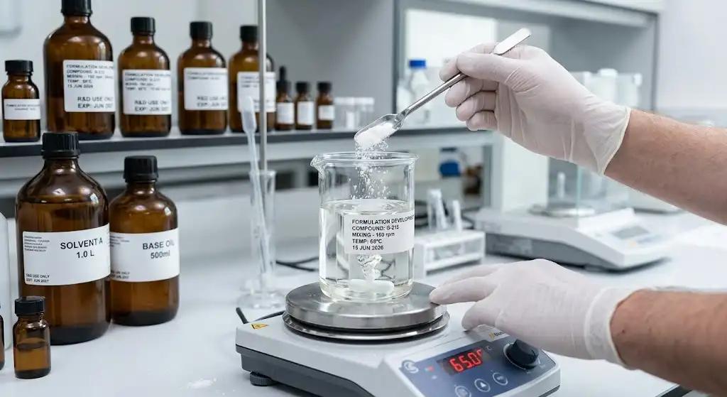Laboratory process showing glabridin powder dissolving in oil phase for cosmetic formulation
