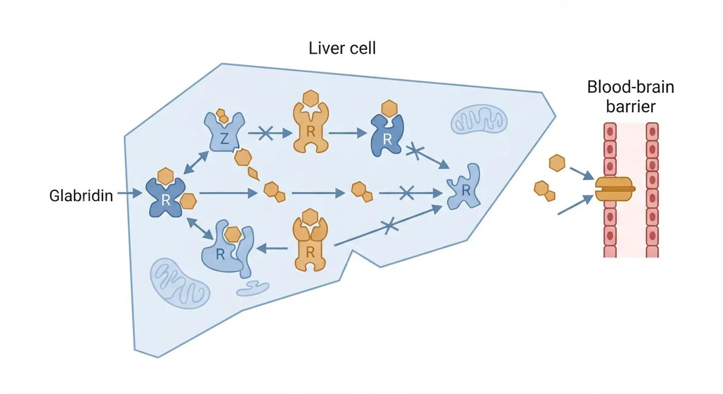 Diagram of glabridin's interaction with liver CYP450 enzymes and P-glycoprotein transport