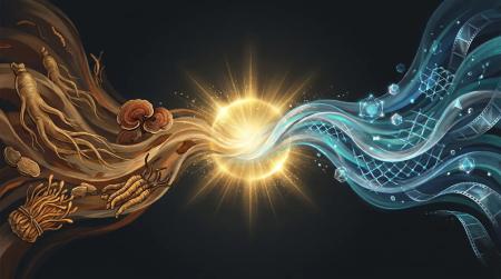 Conceptual illustration of traditional Chinese medicine botanical ingredients merging with modern nano-encapsulation and dissolving film technology at a luminous intersection point