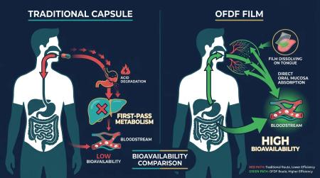 Side-by-side diagram comparing bioavailability pathways: traditional capsule undergoing first-pass liver metabolism versus OFDF direct oral mucosal absorption