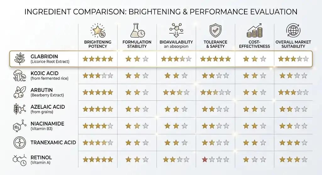 Star rating comparison chart of glabridin versus kojic acid, arbutin, vitamin C and niacinamide