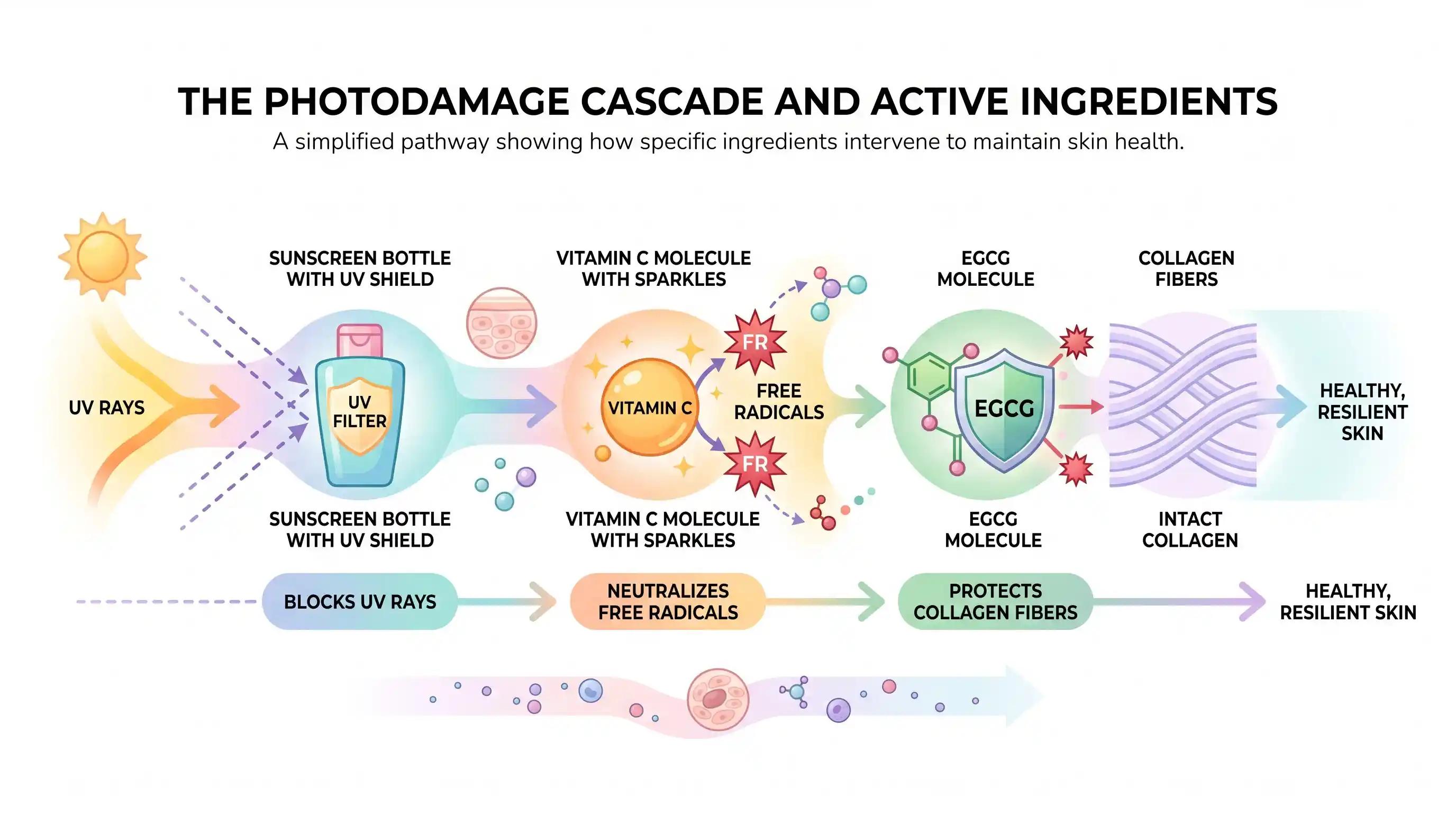 Diagram showing EGCG, vitamin C and UV filter targeting sequential stages of photodamage