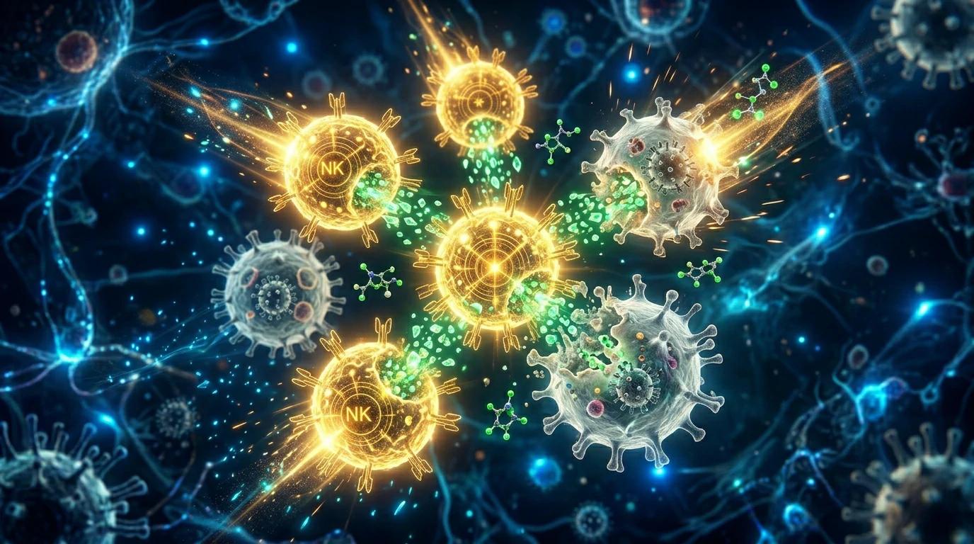 NK cell activation enhanced by quercetin — immune defense mechanism illustration