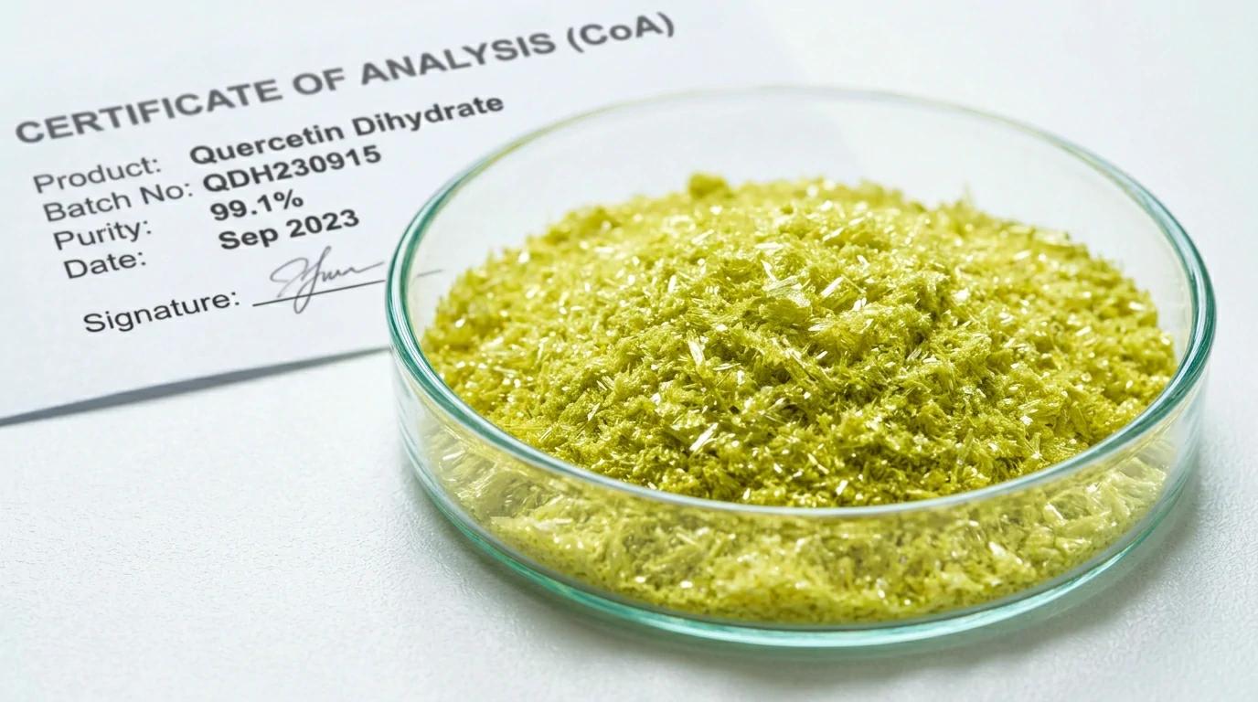 Pure quercetin dihydrate powder crystals — HPLC-tested extract for supplement manufacturing