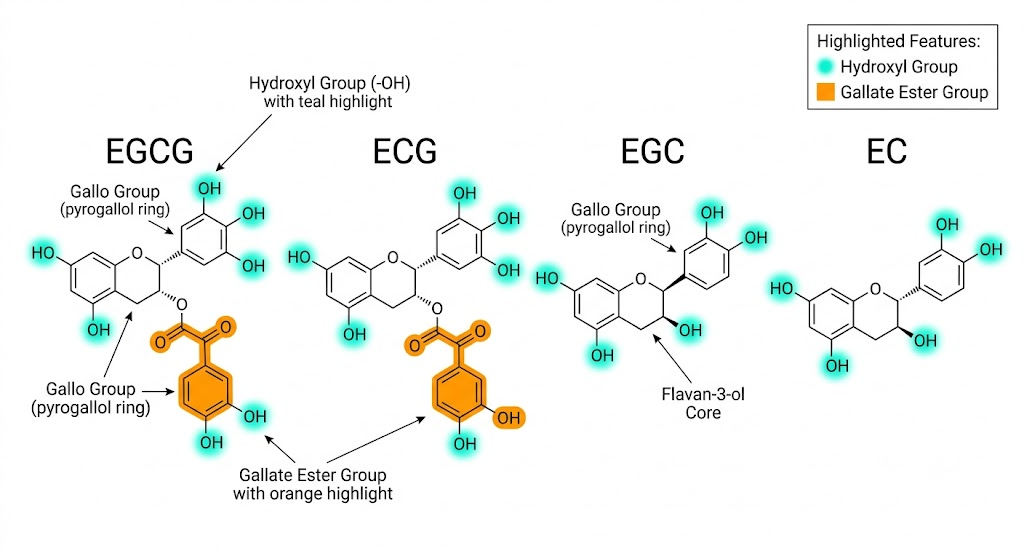 Chemical structure comparison of EGCG, ECG, EGC and EC catechins with antioxidant activity