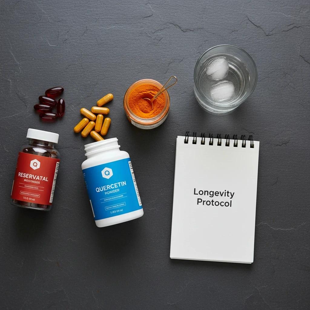 Natural longevity supplement stack with quercetin fisetin resveratrol — senolytic protocol flat-lay