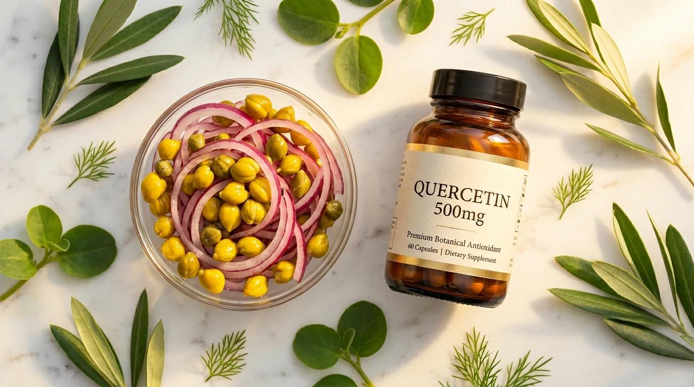 Natural quercetin food sources and supplement bottle — antihistamine benefits comparison