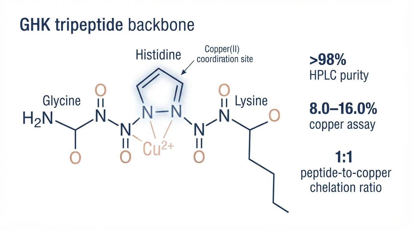 Molecular schematic of GHK tripeptide chelating copper(II) ion, highlighting histidine coordination site and key quality specifications