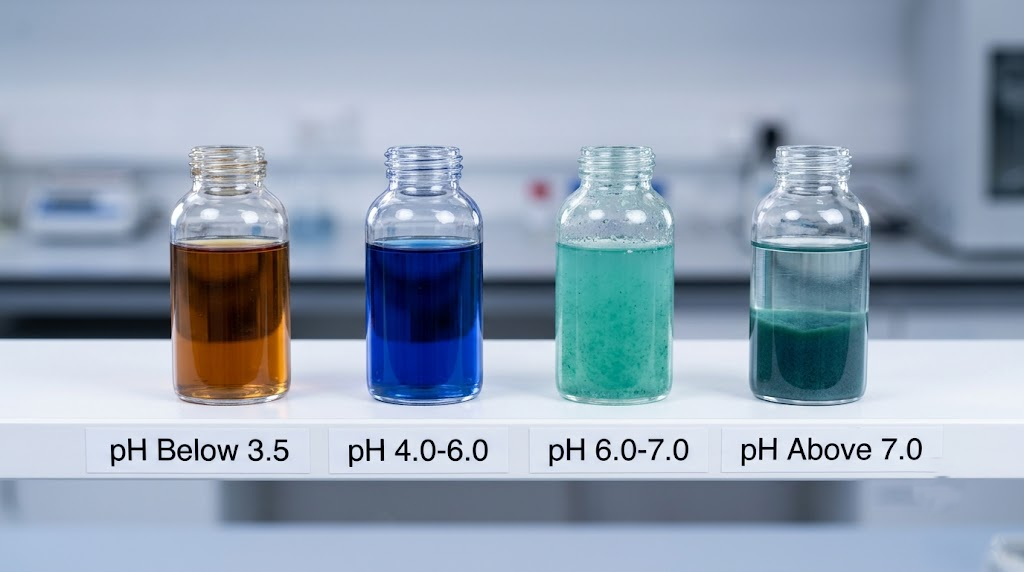 GHK-Cu solution color changes across pH ranges showing copper chelation stability