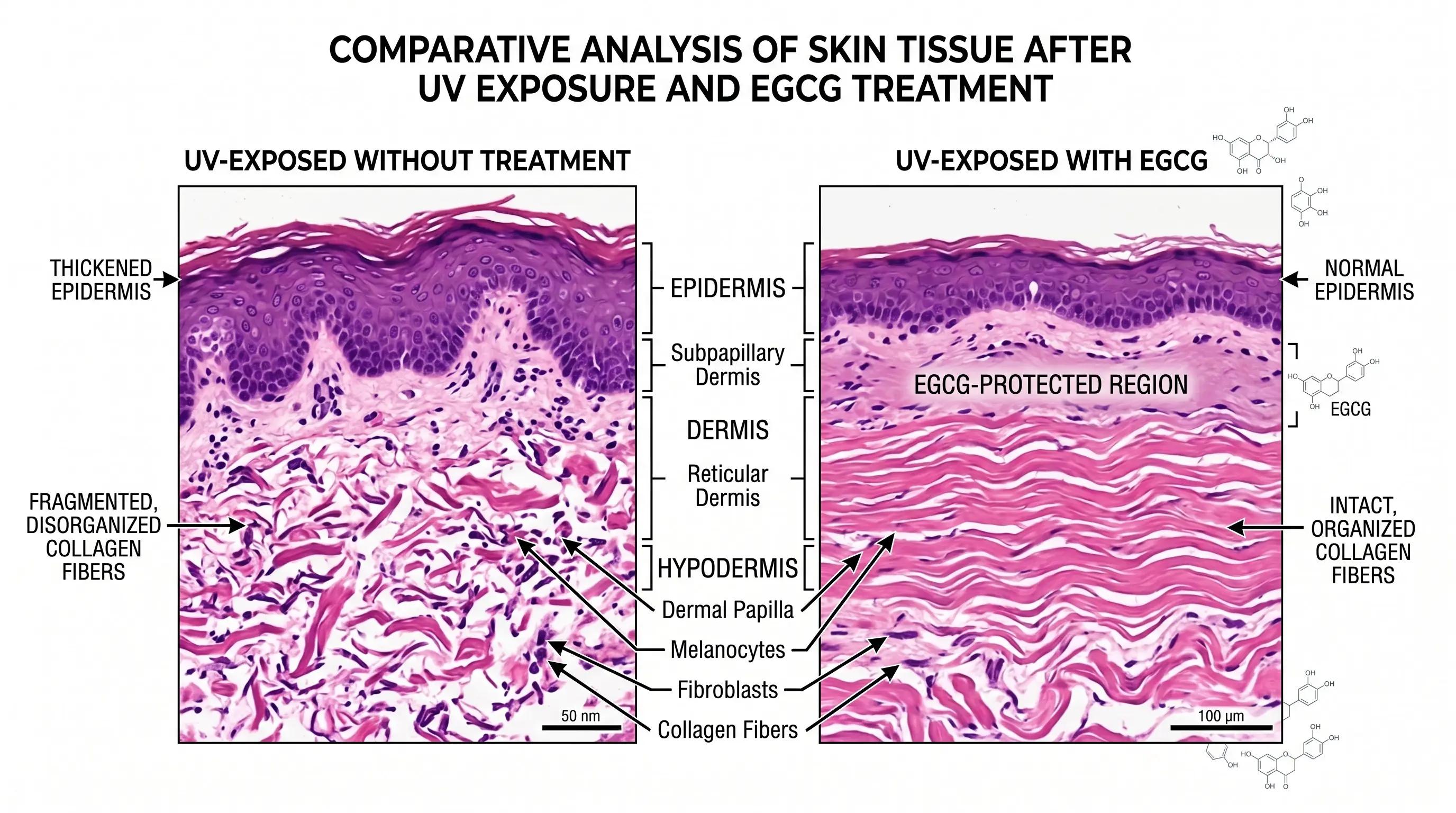 Histological comparison of irradiated skin collagen fibers with and without EGCG treatment