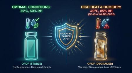 Split-view illustration comparing oral dissolving film integrity at controlled 25°C storage conditions versus degradation at high-heat high-humidity warehouse conditions