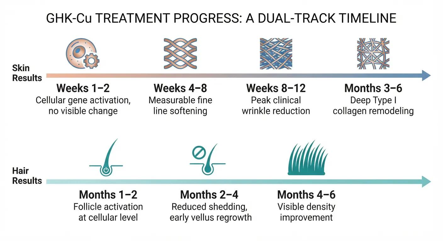 Horizontal timeline showing week-by-week skin improvements and month-by-month hair growth progression with GHK-Cu application