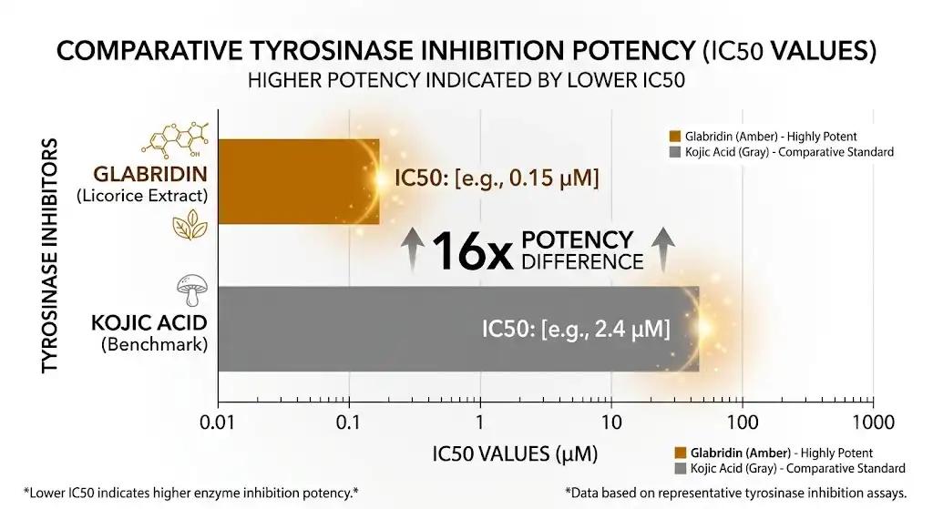 Bar chart comparing glabridin and kojic acid tyrosinase inhibition potency