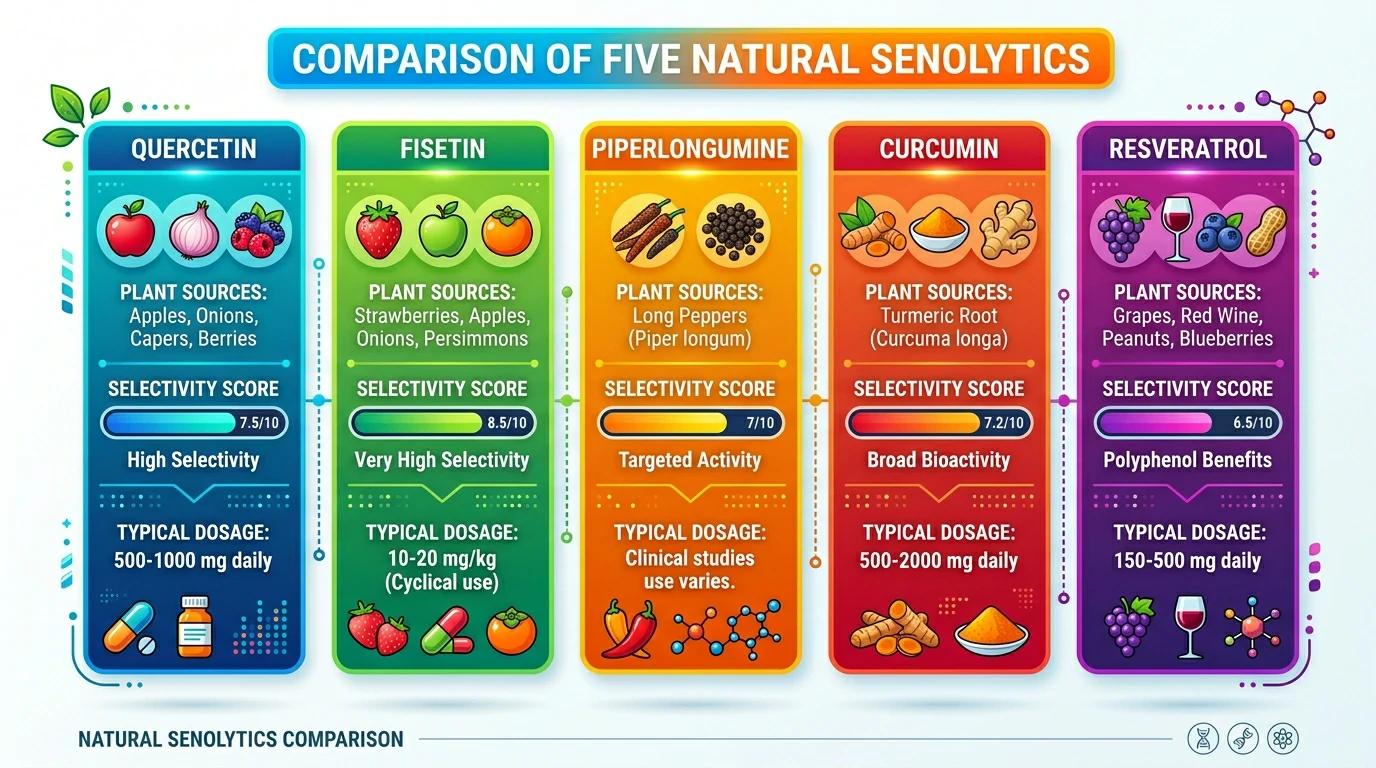 Natural senolytic comparison chart: quercetin fisetin curcumin resveratrol — longevity guide