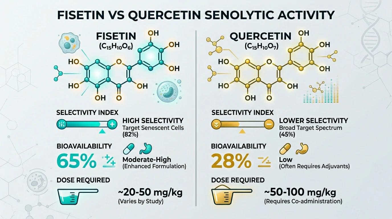 Fisetin vs quercetin senolytic comparison chart — selectivity bioavailability dose