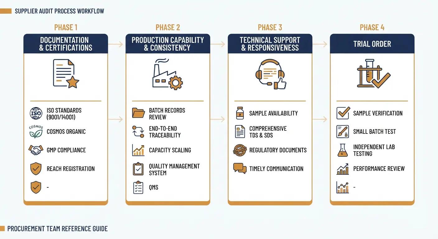 Four-phase step-by-step workflow for vetting glabridin suppliers from documentation review to trial order