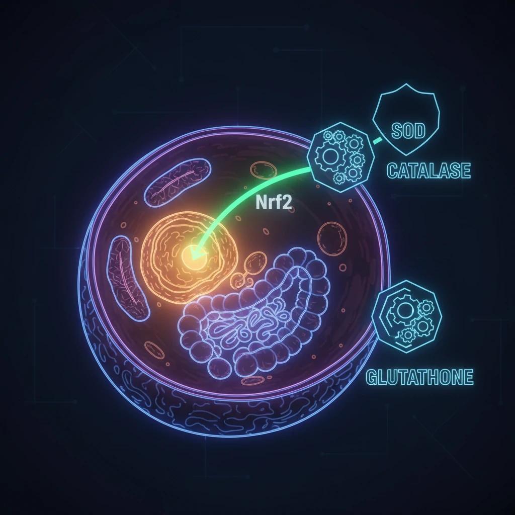 Quercetin activating Nrf2 pathway for cellular antioxidant protection — cell diagram