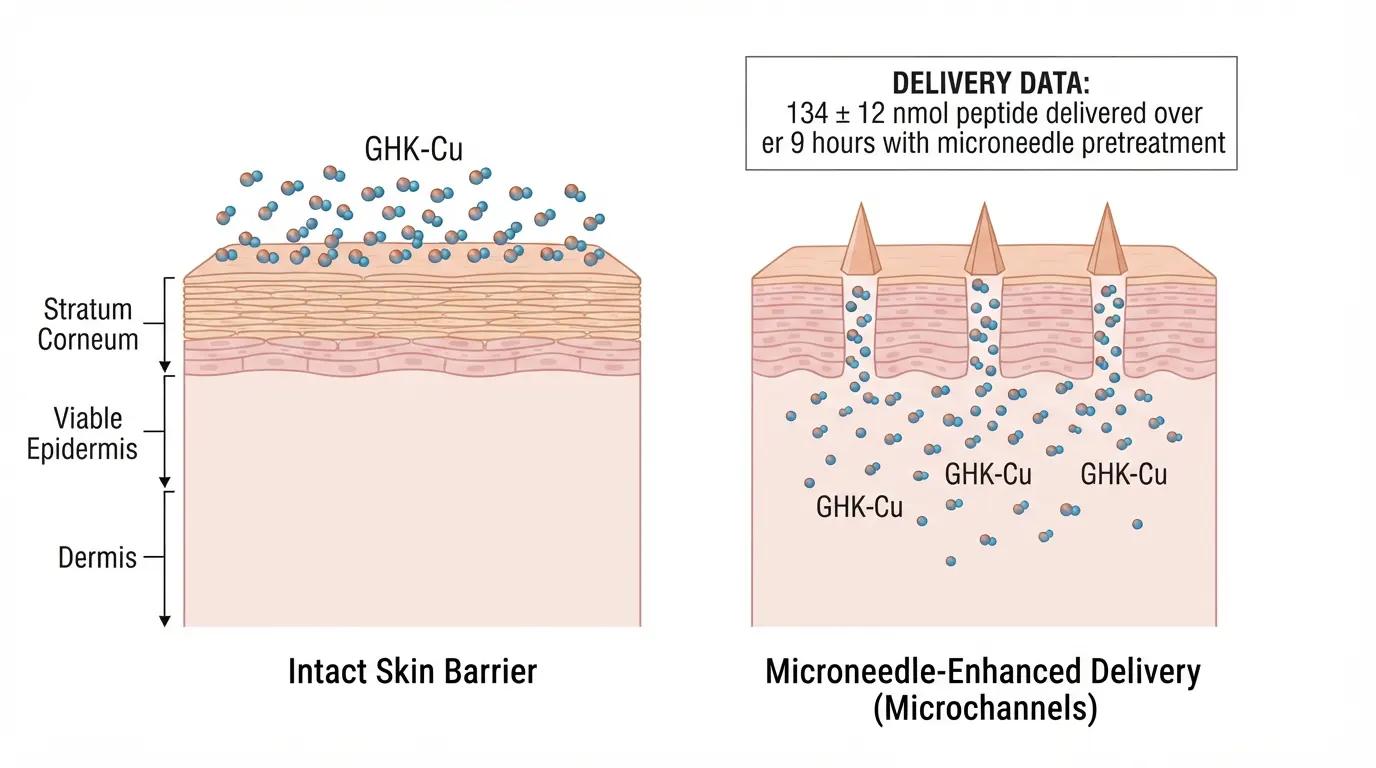 Side-by-side skin cross-section diagram comparing GHK-Cu penetration through intact stratum corneum and microneedle-pretreated skin