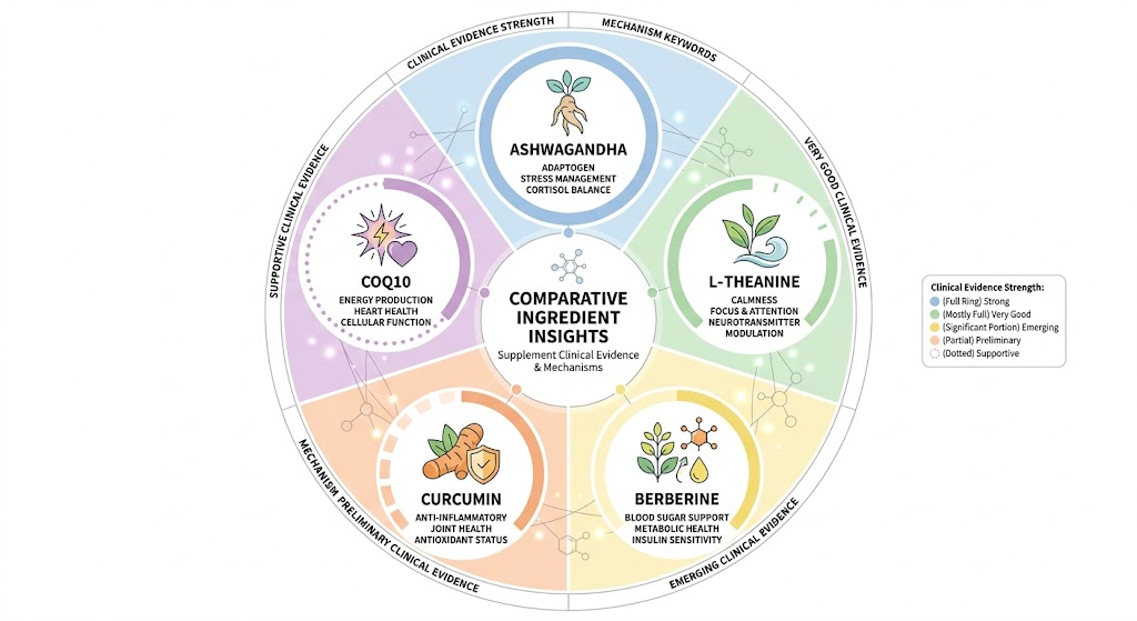 Comparison chart of EGCG, quercetin, resveratrol, NMN and PQQ antioxidant ingredients