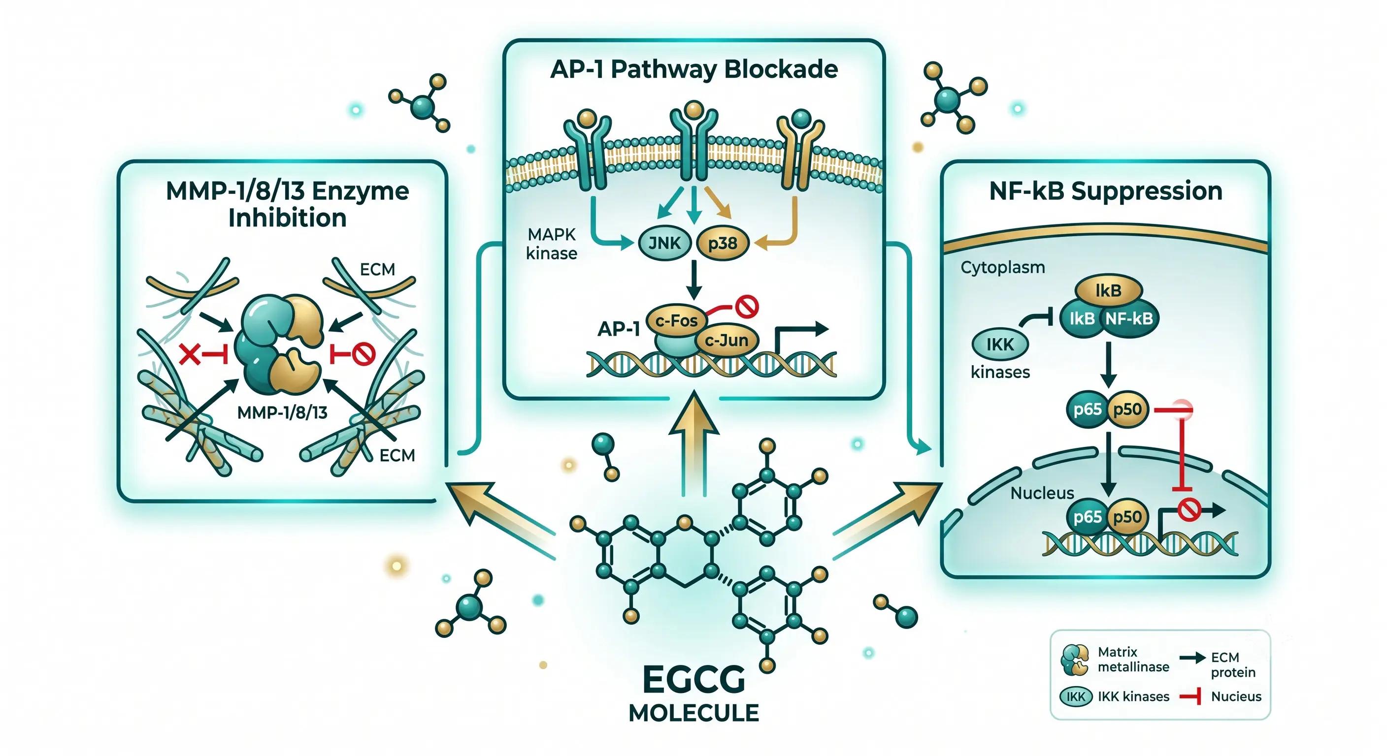 Diagram showing EGCG inhibiting MMP enzymes, AP-1 and NF-kB pathways
